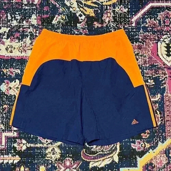 Vintage 90s Adidas 3 Stripe Swim Mesh Pocket Shorts Trunks Orange Mens Large L - Picture 1 of 2